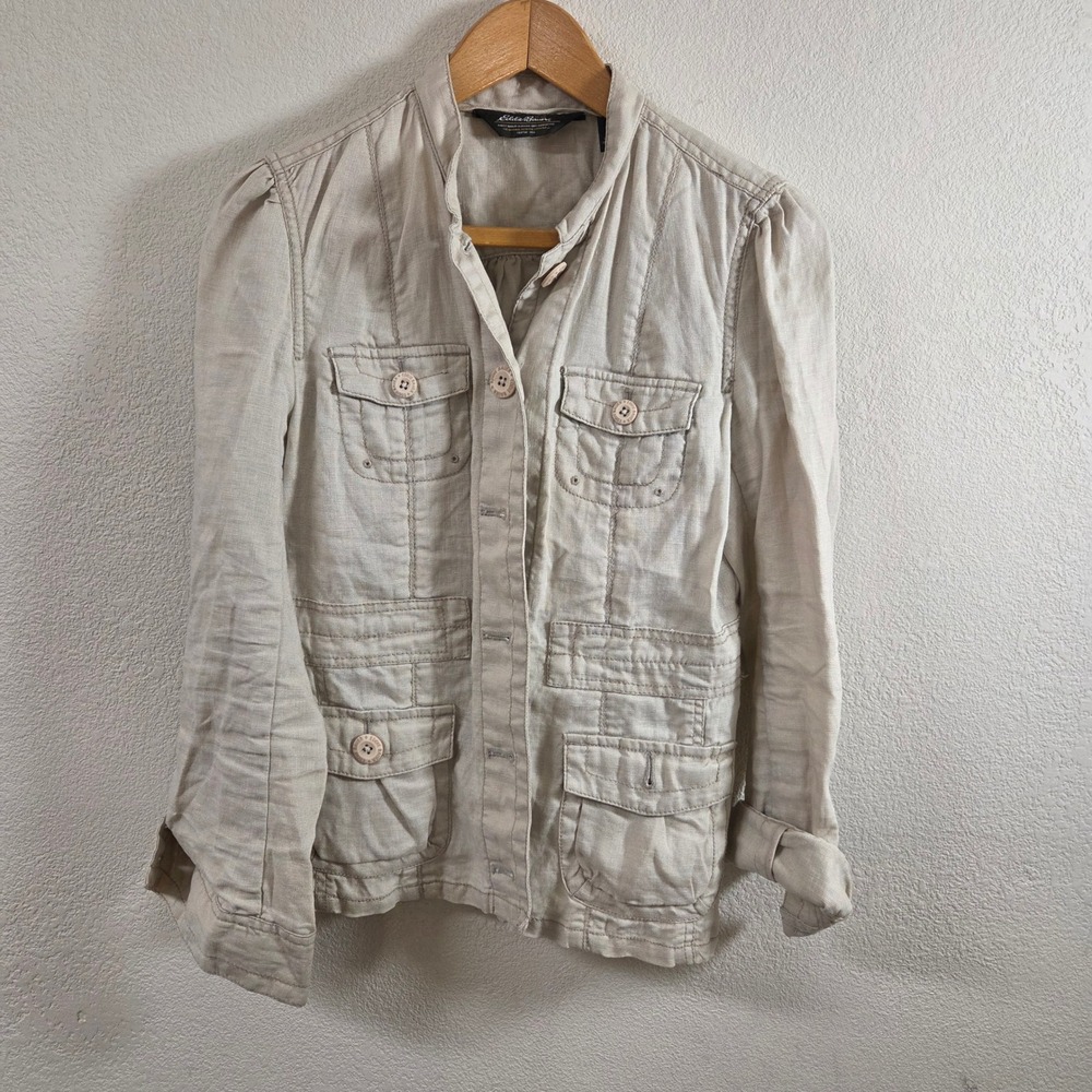 Eddie Bauer Womens Small Beige 100% Linen Safari Utility Jacket Puff Sleeve